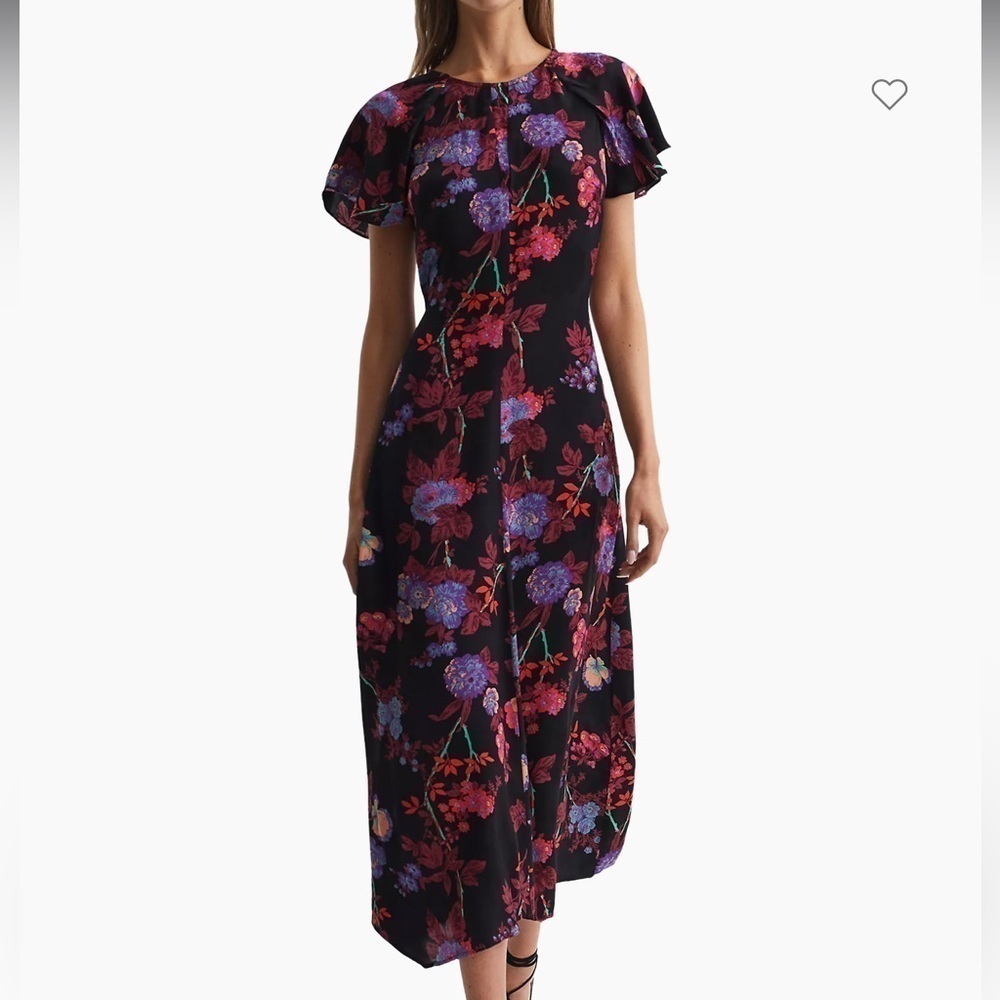 NWOT REISS Leni Floral Flutter Sleeve Midi Dress Black Size 2